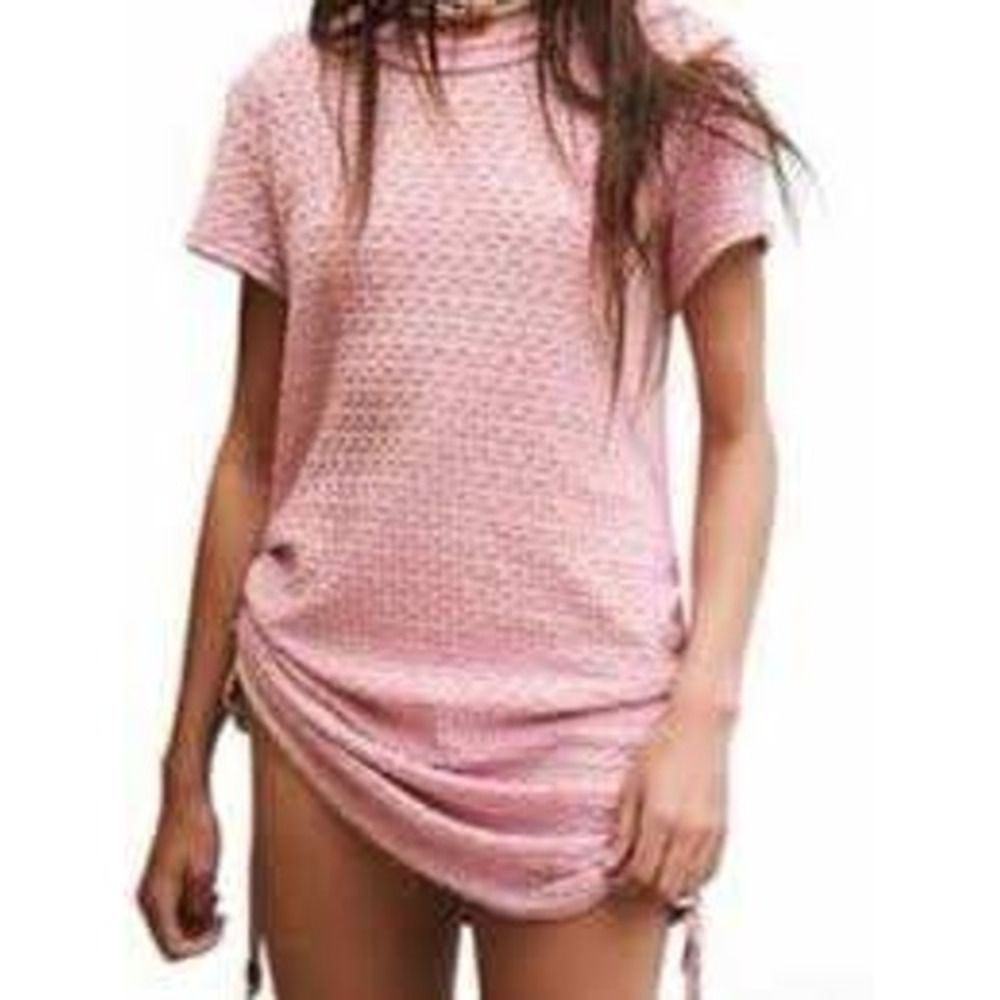 Free People Beach Pink Waffle Knit Mini Dress XS Boho Casual Textured Layer